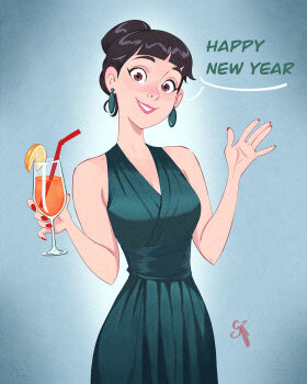 1girl adversarial_noise alt_text artist_name bae_(galmesh_rosewood) black_hair blush breasts brown_eyes commentary cup dress drinking_glass drinking_straw earrings english_commentary english_text galmesh_rosewood green_dress hair_bun happy_new_year head_tilt highres holding holding_cup jewelry looking_at_viewer medium_breasts nail_polish new_year original parted_lips red_nails simple_background single_hair_bun sleeveless sleeveless_dress smile solo waving