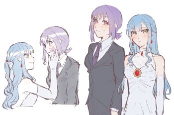 2girls bang_dream! bang_dream!_it's_mygo!!!!! black_jacket blue_hair blush breasts brooch chinese_commentary closed_mouth commentary_request dress elbow_gloves gloves half_updo highres hui_0w0 jacket jewelry medium_breasts multiple_girls necktie pink_eyes purple_hair purple_necktie short_hair simple_background sleeveless sleeveless_dress togawa_sakiko white_background white_dress white_gloves wife_and_wife yellow_eyes yuri yuutenji_nyamu
