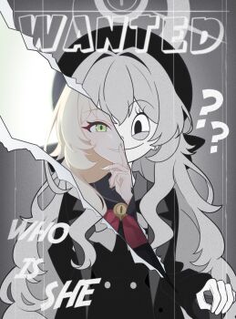 1girl ? ?? black_hat black_sailor_collar black_serafuku blonde_hair blue_archive bow bowtie commentary creammilk_tea english_commentary fluffy_hair green_eyes halo hat highres long_sleeves professor_niyaniya_(blue_archive) red_bow red_bowtie sailor_collar school_uniform serafuku solo