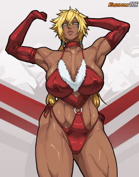 1girl 2025 absurdres artist_name bare_shoulders bleach blonde_hair breasts choker christmas closed_mouth collarbone colored_eyelashes dark-skinned_female dark_skin elbow_gloves equinox espada facial_mark female_focus fur_trim gloves green_eyes highres large_breasts lips looking_at_viewer medium_hair navel shiny_skin simple_background solo solo_focus standing stomach tier_harribel