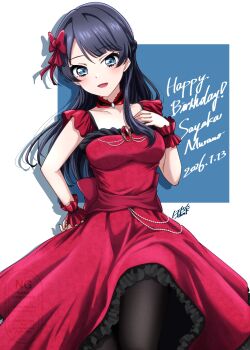 1girl :d absurdres black_pantyhose blue_eyes blue_hair bow breasts character_name collarbone commentary_request dated dress feet_out_of_frame frilled_dress frills hair_bow happy_birthday highres link!_like!_love_live! looking_at_viewer love_live! medium_breasts murano_sayaka noochan_chonoda open_mouth pantyhose red_bow red_dress sleeveless sleeveless_dress smile solo virtual_youtuber white_background