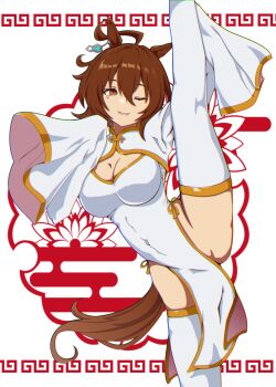1girl agnes_tachyon_(umamusume) ahoge alternate_costume animal_ears breasts brown_hair chinese_clothes cleavage cleavage_cutout clothing_cutout commentary_request covered_navel dress ear_ornament gold_trim hair_between_eyes hidarikumo highres horse_ears horse_girl horse_tail huge_ahoge large_breasts long_hair_between_eyes long_sleeves medium_hair one_eye_closed pelvic_curtain red_eyes simple_background sleeves_past_fingers sleeves_past_wrists smile solo split standing standing_on_one_leg standing_split tail thighhighs thighs umamusume white_dress white_thighhighs wide_sleeves