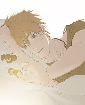 1boy blonde_hair blue_eyes character_doll doll facial_mark hashtag-only_commentary highres jewelry lying male_focus mtk066621 naruto_(series) necklace on_bed on_side parted_lips short_hair simple_background solo upper_body uzumaki_naruto whisker_markings white_background