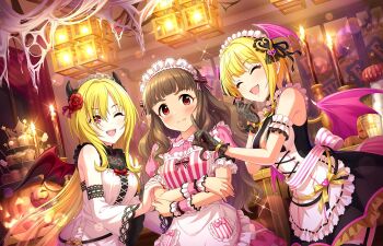 ^_^ annindoufu_(oicon) blonde_hair blush brown_hair cake candle closed_eyes devil closed_eyes fang food gloves halloween happy headdress headwear_request heart highres horns idolmaster idolmaster_cinderella_girls kamiya_nao kurosaki_chitose long_hair maid miyamoto_frederica nail_polish official_art one_eye_closed pink_eyes red_eyes ribbon short_hair shy thighhighs wings wink