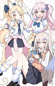 3girls alternate_costume alternate_hairstyle angel_wings animal_ear_fluff animal_ears black_skirt blonde_hair blue_archive blue_necktie blush bow cardigan cardigan_around_waist clothes_around_waist collared_shirt drink_carton drinking_straw feathered_wings fox_ears gyaru hair_ornament halo highres holding juice_box kogal long_hair long_sleeves looking_at_viewer loose_socks mika_(blue_archive) milk_carton multiple_girls nagisa_(blue_archive) necktie one_eye_closed open_mouth pink_hair pink_halo pink_nails pleated_skirt ponytail sateto_(user_knrf2332) school_uniform scrunchie seia_(blue_archive) shirt shoes simple_background skirt smile socks tail v white_background white_shirt white_socks white_wings wings wrist_scrunchie yellow_eyes yellow_halo