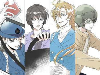 4girls alcdcac black_hair blue_eyes blue_jacket closed_mouth commentary_request gloves hagiwara_chihaya hair_between_eyes hat helmet highres holding jacket long_hair meitantei_conan miyamoto_yumi motorcycle_helmet multiple_girls one_eye_closed open_mouth police police_uniform policewoman purple_eyes satou_miwako sera_masumi short_hair smile turtleneck white_gloves