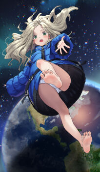 1girl absurdres bare_legs barefoot blonde_hair blue_jacket blush child coat diana_(pragmata) down_jacket earth_(planet) feet female_focus full_body green_eyes highres jacket long_hair long_sleeves looking_at_viewer no_shoes open_mouth panties pantyshot planet pragmata reaching reaching_towards_viewer smile soles solo space teeth tenkuu_nozora thighs toes underwear upper_teeth_only white_panties