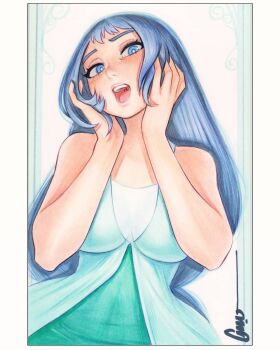 1girl artist_name blue_dress blue_eyes blue_hair boku_no_hero_academia border breasts curvy dress green_dress hado_nejire hand_in_own_hair hand_on_own_head highres large_breasts lips long_hair looking_at_viewer official_alternate_costume omar_dogan open_mouth signature solo very_long_hair white_border