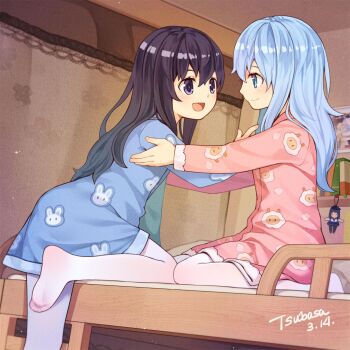 10s 2girls akatsuki_(kancolle) alternate_costume animal_print bed bed_sheet bedroom blue_eyes bunk_bed character_doll curtains dated doll hair_between_eyes hibiki_(kancolle) highres indoors kantai_collection long_hair looking_at_another multiple_girls on_bed open_mouth pajamas pantyhose purple_eyes purple_hair rabbit_print sheep_print signature silver_hair sitting tsubasa_tsubasa