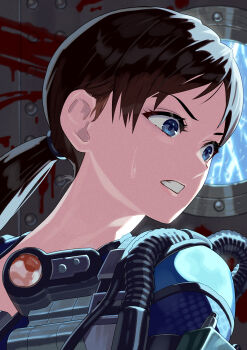 Rule 34 | 1girl, blood, blood on wall, blue eyes, brown hair, highres, jill valentine, long hair, looking to the side, low ponytail, parted lips, ponytail, resident evil, resident evil: revelations, sweatdrop, yagi2013