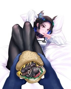 1girl 1other bed_sheet black_hair black_pantyhose breasts burger colored_inner_hair commentary convenient_leg earrings english_commentary eyelashes feet feet_burger_(meme) feet_in_food finger_to_mouth food foot_focus forehead foreshortening gastornis_kfp hair_ornament highres hololive hololive_english jewelry knees_up legs_together long_sleeves looking_at_viewer medium_breasts meme mole mole_under_eye multicolored_hair nail_polish necklace nerissa_ravencroft no_shoes pantyhose pillow pov purple_scarf red_eyes red_nails scarf shirt short_hair simple_background solo toe_seam toenail_polish toenails toes white_background white_shirt