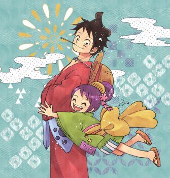 1boy 1girl :d aco_peda aqua_background black_eyes black_hair child closed_eyes comb cowboy_shot crossed_arms facial_scar flower full_body green_kimono hair_bun hair_flower hair_knot hair_ornament hand_under_clothes hat hat_on_back hug hug_from_behind japanese_clothes kanoko_(pattern) kimono kojitsunagi_(pattern) kurozumi_tama looking_at_another male_focus monkey_d._luffy mouth_hold one_piece open_mouth patchwork_clothes purple_hair red_kimono sandals sash scar scar_on_cheek scar_on_face shippou_(pattern) short_hair smile stalk_in_mouth straw_hat yellow_sash zouri