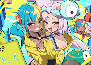 2girls absurdres bellibolt blonde_hair blue_eyes blue_hair blush canari_(pokemon) clenched_teeth dark-skinned_female dark_skin finger_heart gen_1_pokemon gen_4_pokemon hashira_14 heart heart_in_mouth highres iono_(pokemon) jacket livestream long_sleeves magnemite multicolored_hair multiple_girls nintendo open_mouth pink_hair pokemon purple_eyes rotom rotom_phone sharp_teeth teeth two-tone_hair yellow_jacket