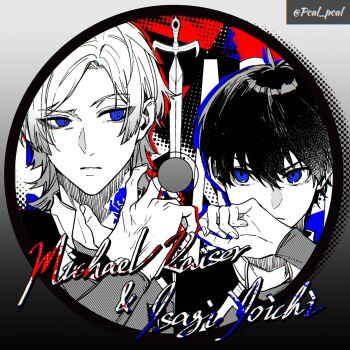 Rule 34 | 2boys, bastard munchen soccer uniform, black background, blue eyes, blue lock, cd, character name, closed mouth, commentary request, fingernails, flower tattoo, grey background, hands on own face, height difference, highres, isagi yoichi, looking at another, michael kaiser, multiple boys, neck tattoo, pcal pcal, short hair, tattoo, twitter username, two-tone background