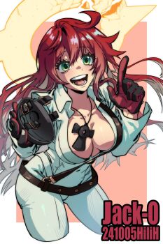 1girl ahoge ankh ankh_necklace artist_name bell-bottoms belt black_gloves border breasts broken_halo center_opening character_name cleavage collarbone commentary fingernail_gloves gloves green_eyes guilty_gear guilty_gear_strive halo hashtag-only_commentary highres hilih_0107 index_finger_raised jack-o'_valentine jumpsuit long_hair multicolored_hair navel open_mouth pants red_background red_eyes smile solo spiked_halo two-tone_hair white_border white_hair white_jumpsuit