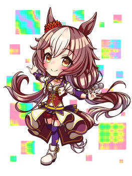 1girl animal_ears blush bodice boots breasts brown_eyes brown_hair chibi chibi_only choker cleavage closed_mouth collarbone commentary_request corset cropped_jacket ear_scrunchie full_body garter_straps hair_between_eyes hair_ornament highres horse_ears horse_girl horse_tail jacket large_breasts long_hair long_sleeves looking_at_viewer low_twintails midriff_peek multicolored_hair navel outstretched_arms overskirt pendant_choker purple_choker purple_garter_straps purple_thighhighs red_corset red_scrunchie red_shorts scrunchie shirt shorts smile solo spread_arms star_(symbol) starting_future_(umamusume) sugimotty_nova tail thighhighs twintails umamusume umapyoi_densetsu white_boots white_hair white_jacket white_shirt wristband yamanin_zephyr_(umamusume)