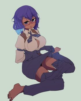 1girl apron apron_lift barefoot breasts clothes_lift dark-skinned_female dark_skin feet female_focus full_body glasses gloves hair_between_eyes large_breasts long_sleeves matching_hair/eyes nowaacs open_clothes open_shirt pants purple_apron purple_eyes purple_gloves purple_hair purple_pants shirt simple_background sister_atla sitting solo the_citadel thighs toes white_shirt