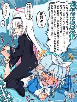 2girls afterimage ankle_grab arona_(blue_archive) barefoot blue_archive grabbing_another's_ankle highres laughing multiple_girls plana_(blue_archive) soles tickle_torture tickling tickling_feet toes translation_request yancelot