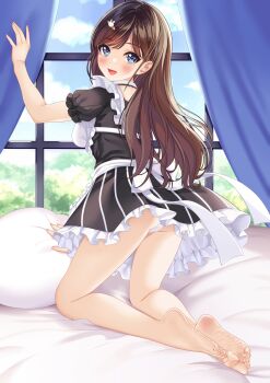 1girl barefoot blue_eyes blush brown_hair feet highres long_hair looking_at_viewer looking_back open_mouth panties pantyshot soles toes underwear youlancangkong