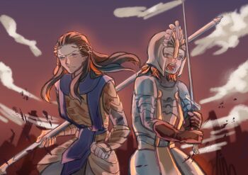 2boys armor axiao black_hair circlet closed_mouth elendil elf fighting_stance floating_hair gil-galad gloves helmet holding holding_polearm holding_spear holding_sword holding_weapon jewelry king long_hair male_focus multiple_boys open_mouth pauldrons pointy_ears polearm shoulder_armor sky spear sword teeth the_lord_of_the_rings the_silmarillion tolkien&#039;s_legendarium weapon