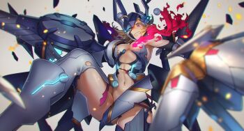 Rule 34 | 1girl, ahoge, armor, artoria pendragon (fate), blonde hair, broken armor, clenched teeth, convenient censoring, damaged, fate/grand order, fate (series), holding, holding weapon, mysterious heroine x (fate), mysterious heroine xx (fate), mysterious heroine xx (first ascension) (fate), mysterious heroine xx (second ascension) (fate), navel, one eye covered, power armor, sparks, teeth, tef, torn clothes, twinmyniad (fate), weapon