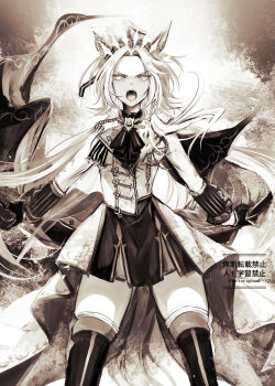 Rule 34 | ahoge, animal ears, ascot, black ascot, black thighhighs, breasts, cape, coat, ear covers, ear ornament, gloves, highres, horse ears, horse girl, horse tail, jacket, large breasts, limited palette, long hair, long sleeves, looking at viewer, multicolored hair, open mouth, orfevre (control) (umamusume), orfevre (umamusume), single ear cover, skirt, tail, thighhighs, umamusume, yue (lov n n)