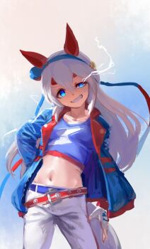 Rule 34 | 1girl, animal ears, belt, blue eyes, blue hairband, blue jacket, blue sports bra, breasts, commentary request, ear covers, electricity, eye trail, fingerless gloves, gloves, grey hair, grey tail, hair between eyes, hairband, headband, highres, horse ears, horse girl, horse tail, inishie kumo, jacket, light trail, lightning bolt print, lightning bolt symbol, long hair, long sleeves, looking at viewer, midriff, multicolored hairband, navel, open mouth, pants, red belt, red headband, small breasts, smile, sports bra, striped clothes, striped hairband, tail, tamamo cross (umamusume), tamamo cross (fast as lightning) (umamusume), two-tone hairband, umamusume, very long hair, white gloves, white pants