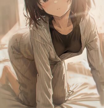 Rule 34 | 1girl, absurdres, arknights, arknights: endfield, black eyes, black hair, blurry, blurry background, breasts, collarbone, endministrator (arknights), female endministrator (arknights), hanging breasts, head out of frame, hidulume, highres, looking at viewer, on bed, open clothes, pajamas, parted lips, short hair, small breasts, sweat, undershirt