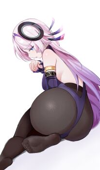 1girl absurdres armband ass bare_shoulders black_pantyhose blue_eyes citlali_(genshin_impact) commentary facial_mark feathers floating_headgear forehead_mark from_behind genshin_impact headgear highres leotard long_hair looking_at_viewer looking_back no_shoes pantyhose parted_lips pink_hair pink_pupils purple_feathers purple_leotard ring_hair_ornament sasunopi simple_background soles solo triangle triangle_facial_mark white_background