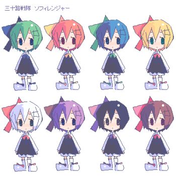 6+girls alternate_hair_color archived_source arms_at_sides asami_natsuhito black_dress black_hair blonde_hair blue_bow blue_bowtie blue_eyes blue_hat boots bow bowtie brown_bow brown_bowtie brown_eyes brown_hair chibi chibi_only closed_mouth dress dress_shirt dual_persona footwear_bow full_body green_bow green_bowtie green_eyes green_hair hair_between_eyes hair_ornament hairclip hat legs_apart light_blush long_sleeves looking_to_the_side lowres medium_hair multiple_girls no_nose no_sclera orange_hair original pants purple_bow purple_bowtie purple_hair red_bow red_bowtie red_eyes shirt short_dress shorts simple_background sleeve_cuffs solid_eyes sophy standing thigh_boots undershirt white_background white_boots white_hair white_shirt white_shorts white_sleeves wing_collar yellow_bow yellow_bowtie