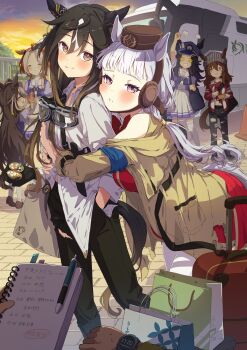 1other 5girls absurdres animal_ears arm_up beanie black_hair black_pants blunt_bangs blush brown_eyes brown_hat brown_shoes clenched_hands closed_eyes closed_mouth dream_journey_(umamusume) dress earmuffs fenomeno_(umamusume) goggles goggles_around_neck gold_ship_(umamusume) grey_hat hair_between_eyes hand_in_pocket hat highres holding holding_locket holding_notebook horse_ears horse_girl horse_tail hug hug_from_behind jacket komeko97 long_hair looking_at_another looking_at_viewer multicolored_hair multiple_girls nakayama_festa_(umamusume) notebook orange_hair orfevre_(umamusume) pants purple_eyes purple_shirt red_dress red_jacket red_shirt sailor_collar school_uniform shirt shoes sidelocks skirt smile stay_gold_(umamusume) stay_gold_clan_(umamusume) tail thighhighs torn_clothes torn_pants tracen_school_uniform two-tone_hair umamusume watch white_hair white_sailor_collar white_shirt white_skirt white_thighhighs wristwatch yellow_eyes