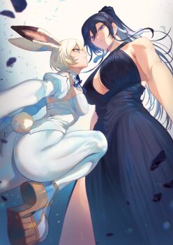 2girls aqua_eyes ass bare_arms black_dress black_hair blue_eyes breasts cleavage commentary_request dress hair_between_eyes hair_ribbon height_difference highres kagura_(kagurai) kagurai_~kagura_and_raito~ large_breasts leotard long_hair mashutarou_(neko_no_oyashiro) medium_breasts multiple_girls pantyhose parted_lips ponytail rabbit rabbit_tail ribbon scowl short_hair standing tail tall_female teeth thick_thighs thighs white_hair white_leotard white_pantyhose