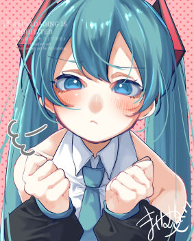 1girl absurdres black_sleeves blue_eyes blue_hair blue_necktie blush closed_mouth collarbone collared_shirt commentary_request detached_sleeves hair_between_eyes hair_ornament hatsune_miku highres long_hair long_sleeves looking_at_viewer mai_mugi necktie polka_dot polka_dot_background shirt sleeveless sleeveless_shirt solo twintails upper_body very_long_hair vocaloid watermark white_shirt