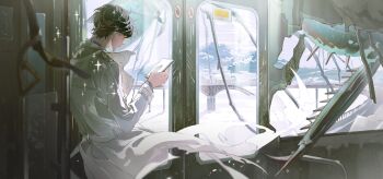 1boy above_clouds black_hair black_shirt bridge cloud cloudy_sky coat day debris feet_out_of_frame hashtag-only_commentary highres holding holding_phone indoors kim_dokja leaning_to_the_side looking_at_phone male_focus omniscient_reader&#039;s_viewpoint open_clothes open_coat outdoors phone railing road shirt short_hair sky skyline solo sparkle street torn_clothes train_interior white_coat wind wind_lift yusongrmdsuki