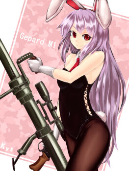 1girl animal_ears anti-materiel_rifle ascot bare_arms bare_shoulders black_pantyhose breasts female_focus gloves gun highres kys_(k-k2) large_breasts long_hair looking_at_viewer pantyhose playboy_bunny purple_hair rabbit rabbit_ears rabbit_girl rabbit_tail red_eyes reisen_udongein_inaba rifle smile sniper sniper_rifle solo tail touhou very_long_hair weapon white_gloves