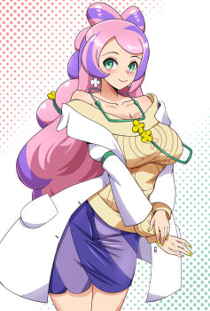 1girl bare_shoulders bow-shaped_hair breasts cleavage collarbone earrings eyeliner flower_earrings green_eyes highres jewelry lab_coat large_breasts long_hair long_sleeves makeup miriam_(pokemon) multicolored_hair nintendo off-shoulder_sweater off_shoulder own_hands_together pencil_skirt pink_eyeliner pink_hair pokemon pokemon_sv purple_hair purple_skirt skirt smile solo stethoscope streaked_hair striped_clothes striped_skirt sweater swept_bangs yellow_nails yellow_sweater zuchysdraws