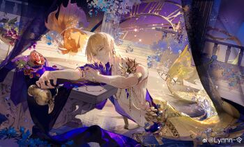 1boy absurdres alkaid_mcgrath analog_clock arm_on_table armlet blonde_hair bracelet chinese_commentary clock closed_mouth curtains earrings fish flamenlynn food fruit fruit_bowl full_body gold_armlet gold_bracelet gold_earrings gold_necklace gold_ring grapes green_eyes hair_between_eyes highres holding holding_pitcher jewelry looking_at_viewer lovebrush_chronicles male_focus medium_hair merman monster_boy monsterification multiple_bracelets multiple_necklaces multiple_rings necklace night parted_lips pitcher_(container) pomegranate purple_sash purple_shawl purple_sky railing reclining ring sash see-through_curtains shallow_water shawl shoulder_guard siamese_fighting_fish single_bare_shoulder single_earring sky solo stairs table waist_sash water water_drop watermark weibo_watermark