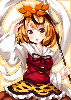 Rule 34 | 1girl, :o, animal print, black ribbon, blonde hair, blush, breasts, brown skirt, collarbone, commentary request, cowboy shot, hagoromo, hair ribbon, hand up, highres, holding, holding polearm, holding weapon, long sleeves, looking at viewer, medium breasts, medium hair, multicolored hair, o-ring, one-hour drawing challenge, open mouth, orange ribbon, outline, polearm, red shirt, ribbon, ruu (tksymkw), shawl, shirt, skirt, solo, spear, streaked hair, tiger print, toramaru shou, touhou, weapon, wide sleeves, yellow eyes