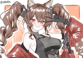 1girl :d absurdres angelina_(arknights) animal_ear_fluff animal_ears arknights arknights:_endfield arm_up armpits artist_name bare_shoulders black_gloves blush breasts brown_eyes brown_hair chinese_commentary coat commentary_request fox_ears gilberta_(arknights) gloves grin highres impossible_clothes infection_monitor_(arknights) large_breasts long_hair looking_at_viewer luhuaic off_shoulder open_clothes open_coat open_mouth orange_background parted_lips red_coat sidelocks smile solo twintails two-tone_background upper_body v