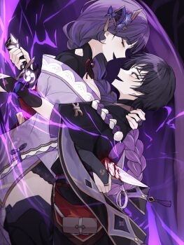 1boy 1girl arm_behind_back black_hair black_thighhighs bleeding blood blood_splatter bloody_weapon braid breasts bridal_gauntlets butterfly_hair_ornament cleavage closed_eyes clothing_cutout commentary constricted_pupils crazy_eyes dress electricity empty_eyes english_commentary evil_smile fan_hair_ornament floating flower flower_ornament from_side genshin_impact glowing gradient_hair guro hair_ornament hair_ribbon highres hug impaled japanese_clothes kimono large_breasts leaning_back leaning_forward leaning_on_person lingerie long_braid long_sleeves looking_up mitsudomoe_(shape) mother_and_son multicolored_hair murder musou_isshin_(genshin_impact) neck_ribbon off_shoulder open_mouth purple_background purple_dress purple_eyes purple_flower purple_hair purple_kimono purple_ribbon raiden_shogun red_ribbon revenge ribbon scaramouche_(genshin_impact) scared self-harm shade short_hair short_sleeves shoulder_cutout single_braid smile stab streaked_hair suicide surprised sword thighhighs tomoe_(symbol) underwear user_hede4432 violence weapon wide-eyed wide_sleeves