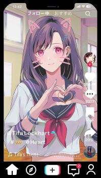 1girl animal_ears black_hair blue_sailor_collar bracelet breasts camera_phone cat_ears character_name closed_mouth commentary_request dolphin drawn_ears drawn_whiskers earrings fake_animal_ears final_fantasy final_fantasy_vii final_fantasy_vii_ever_crisis hair_ornament hairclip heart heart_hands highres jewelry large_breasts long_hair looking_at_viewer midriff midriff_peek neckerchief quichi_91 red_eyes red_neckerchief sailor_collar school school_uniform serafuku single_earring smile solo swept_bangs tifa_lockhart tifa_lockhart_(midgard_seventh_high_school) tiktok upper_body white_serafuku