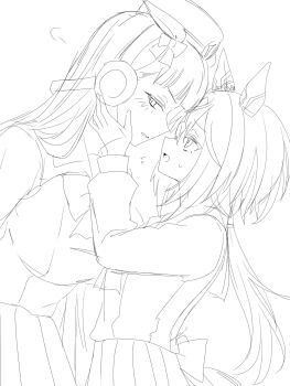 2girls animal_ears averting_eyes blunt_bangs blush bow breasts chest_bow commentary ear_bow ear_covers ears_down embarrassed flying_sweatdrops gold_ship_(red_strife)_(umamusume) gold_ship_(umamusume) hair_between_eyes hand_on_another's_cheek hand_on_another's_face highres horse_ears horse_girl horse_tail large_breasts lineart long_hair long_sleeves looking_at_another low_ponytail mkmk817999 multiple_girls open_mouth pillbox_hat pleated_skirt ponytail puff_of_air school_uniform serafuku size_difference sketch skirt sleeveless stay_gold_(umamusume) sweatdrop tail tail_bow tail_ornament tracen_school_uniform umamusume very_long_hair yuri