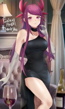 1girl alcohol alternate_costume black_choker black_dress choker closed_mouth commentary commission couch cup curtains desk_lamp dress drinking_glass elbow_gloves english_commentary fire_emblem fire_emblem_engage gloves hanamasa_ono highres indoors ivy_(fire_emblem) lamp nintendo second-party_source skeb_commission swept_bangs white_gloves wine wine_glass