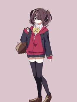 1girl ame-chan_(needy_girl_overdose) black_eyes black_hair black_jacket black_thighhighs bow bowtie brown_bag brown_shoes collared_shirt full_body hair_ornament hair_over_one_eye highres hn_ost hood hooded_jacket jacket long_hair needy_girl_overdose open_clothes open_jacket pien_cat_(needy_girl_overdose) red_jacket shirt shoes simple_background solo thighhighs twintails white_shirt x_hair_ornament yellow_bow yellow_bowtie