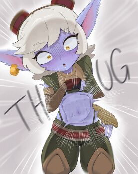 1girl clothes_lift colored_skin constricted_pupils earrings fishnet_gloves fishnets gloves goggles goggles_on_head green_pants henz_(ketchupp) highleg highleg_panties highres jewelry league_of_legends navel panties pants pointy_ears punching purple_skin ryona shirt_lift stomach stomach_punch tristana_(league_of_legends) underwear white_hair yellow_eyes yordle
