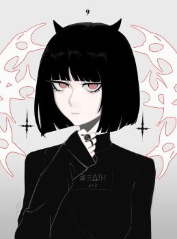 1girl absurdres bags_under_eyes black_hair bob_cut demon demon_girl fashion goth_fashion gradient_background highres horns original red_eyes sanpaku solo vicscera