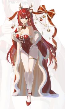 1girl absurdres animal_ears breasts cape character_request christmas christmas_ornaments commentary copyright_request deer_ears fake_animal_ears full_body high_heels highres large_breasts leotard long_hair looking_at_viewer mole mole_under_eye mond_sl nail_polish red_leotard smile solo standing symbol-only_commentary