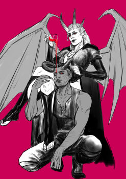 Rule 34 | 1boy, 1girl, absurdres, armor, baldur's gate, baldur's gate 3, black hair, black nails, black sclera, breasts, cape, cleavage, colored sclera, cup, curled horns, dark-skinned male, dark skin, heterochromia, highres, holding, holding cup, horns, looking at viewer, lynchlightman, medium breasts, mizora (baldur's gate), pink background, pointy ears, red eyes, sketch, spilling, squatting, toeless legwear, white hair, wings, wyll (baldur's gate)