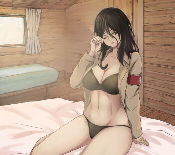 1girl armband bed bedroom black_bra black_hair black_panties bra breasts cleavage collarbone grey_eyes grey_jacket hand_up highres indoors jacket large_breasts long_hair looking_at_viewer marley_military_uniform messy_hair navel on_bed one_eye_closed open_clothes open_jacket panties parted_lips pieck_finger red_armband shingeki_no_kyojin sitting solo stomach thighs underwear waking_up window zone25388591
