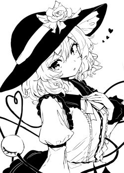 1girl flower frilled_shirt frills from_side greyscale hat hat_flower heart highres komeiji_koishi looking_at_viewer medium_hair monochrome nanahana_nanana shirt skirt solo third_eye touhou